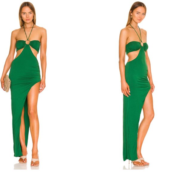 Indah Celia Bandeau Cut Out Maxi Dress with High Slit in Green - Size Small -NWT - Picture 1 of 5
